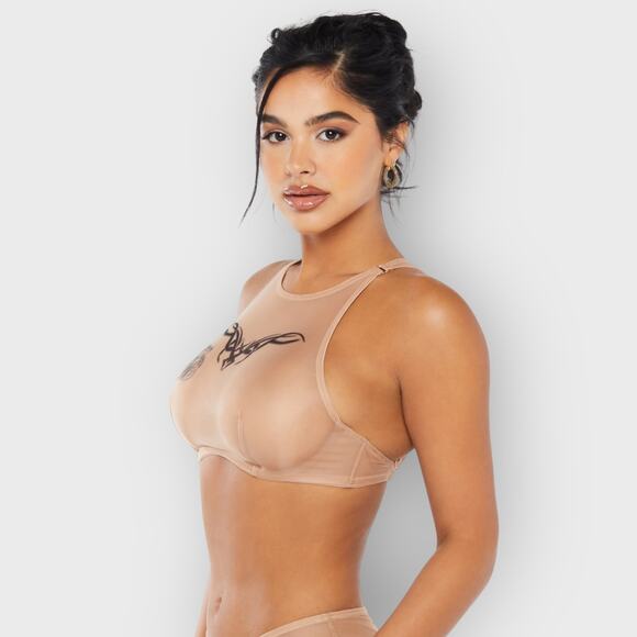Savage X Fenty Tattooed Tricot High Neck Bra 32C Brown Lace Detail Sexy Lingerie - Picture 6 of 9